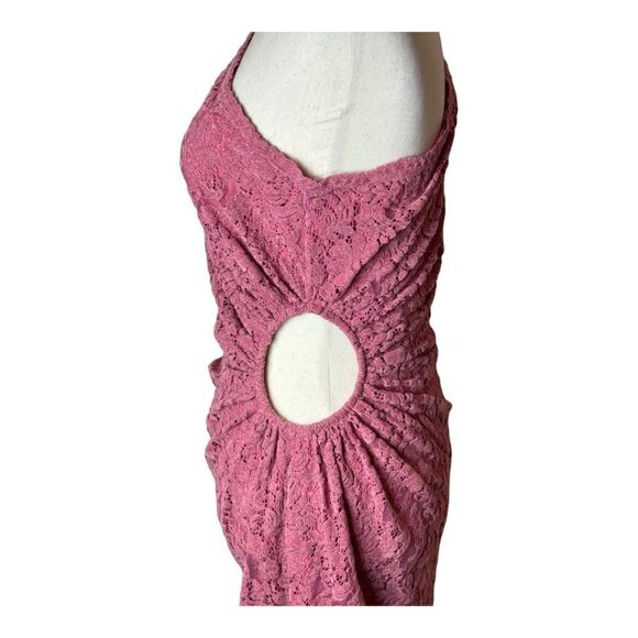 Saylor Pink Lace Velvet Long Sleeve One Shoulder Ruched Cut Out Mini Dress XS - Picture 6 of 10